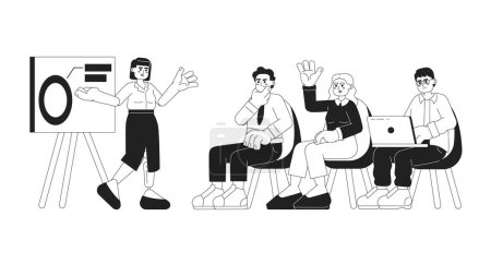 Illustration for Diverse startup black and white cartoon flat illustration. Female conference speaker with prosthesis, lecture business people linear 2D characters isolated. Meeting monochromatic scene vector image - Royalty Free Image