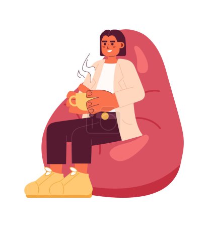 Illustration for Bean bag woman holding coffee cup 2D cartoon character. Middle eastern girl sitting on beanbag chair isolated vector person white background. Drinking tea break color flat spot illustration - Royalty Free Image