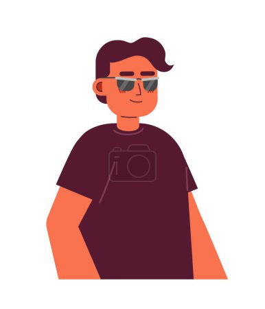 Ilustración de Hombre ciego gafas de sol 2D personaje de dibujos animados. Hombre ciego hispano con camiseta negra aislado vector persona fondo blanco. Chico indio fresco con deterioro de la visión ilustración plana del punto del color - Imagen libre de derechos