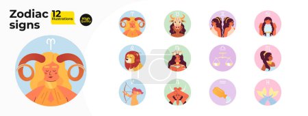 Illustration for Zodiac signs flat round vector spot illustrations bundle. Horoscope woman symbols 2D cartoon characters on white for web UI design. Astrology isolated editable creative hero images collection - Royalty Free Image