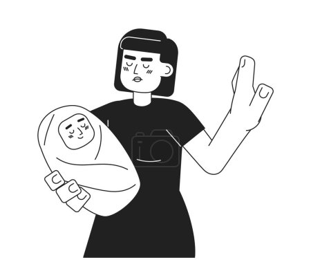 Illustration for Angry asian woman holding baby monochromatic flat vector character. Stop gesture. Editable thin line half body person on white. Simple bw cartoon spot image for web graphic design - Royalty Free Image