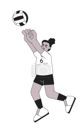 Illustration for African american sportswoman kicking ball monochromatic flat vector character. Playing volleyball. Editable thin line full body person on white. Simple bw cartoon spot image for web graphic design - Royalty Free Image