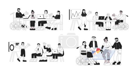 Illustration for Diverse team works together black and white cartoon flat illustration set. Diversity coworkers linear 2D characters isolated. Inclusion workplace teamwork monochromatic scenes vector image collection - Royalty Free Image