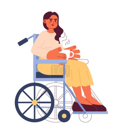 Illustration for Wheelchair young adult woman holding coffee cup 2D cartoon character. Disabled indian female sitting in chair isolated vector person white background. Latte breaktime color flat spot illustration - Royalty Free Image