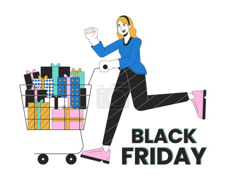 Illustration for Holiday shopping 2D linear illustration concept. Female shopper pushing shopping cart cartoon character isolated on white. Pre black friday weekend metaphor abstract flat vector outline graphic - Royalty Free Image