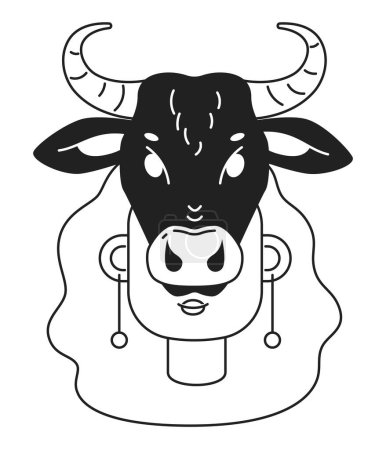 Ilustración de Cráneo de vaca en cara de mujer cabeza de carácter lineal plana monocroma. Misterio zodiaco afro mujer. Esquema editable dibujado a mano icono de la cara humana. Dibujos animados 2D vector spot avatar ilustración para la animación - Imagen libre de derechos