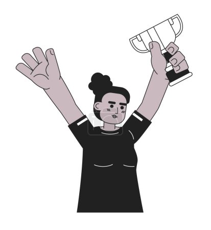 Illustration for Woman raising cup monochromatic flat vector character. Sportswoman celebrating victory. Teammate winning. Editable thin line half body person on white. Simple bw cartoon spot image for web design - Royalty Free Image