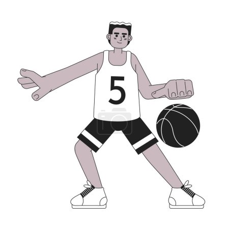 Illustration for African american basketball player monochromatic flat vector character. Man shooting basketball ball. Editable thin line full body person on white. Simple bw cartoon spot image for web graphic design - Royalty Free Image