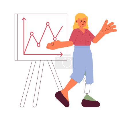 Illustration for Prosthesis leg woman with presentation whiteboard 2D cartoon character. Disabled female office worker showing chart isolated vector person white background. Graph business color flat spot illustration - Royalty Free Image