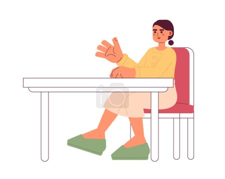 Illustration for Latina girl sitting at desk 2D cartoon character. University student hispanic woman gesturing isolated vector person white background. Latinamerican schoolgirl at table color flat spot illustration - Royalty Free Image