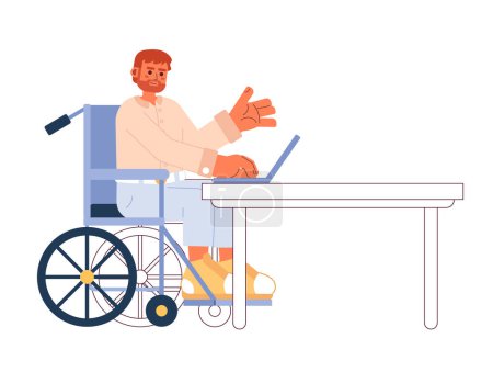Téléchargez les illustrations : Barbu caucasien homme en fauteuil roulant sur ordinateur portable personnage de dessin animé 2D. Barbe handicapée gars travailler ordinateur portable isolé vecteur personne fond blanc. Travailler à la maison. Travail à distance couleur plat spot illustration - en licence libre de droit