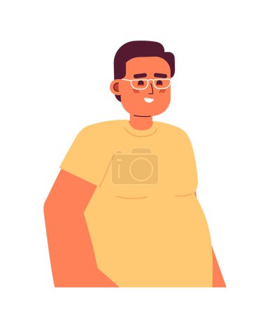 Ilustración de Gafas de hombre con sobrepeso feliz personaje de dibujos animados 2D. Caucásico adulto más tamaño masculino sonriente aislado vector persona fondo blanco. Buen humor. Cuerpo positivo chico gafas color plano punto ilustración - Imagen libre de derechos