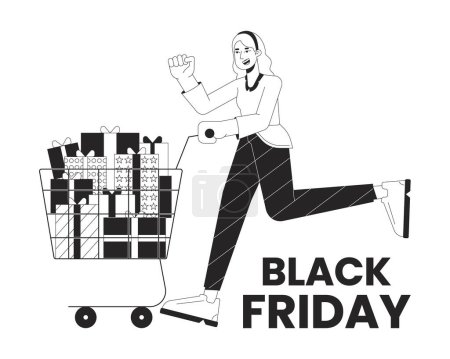 Illustration for Holiday shopping black and white 2D illustration concept. Female shopper pushing shopping cart cartoon outline character isolated on white. Pre black friday weekend metaphor monochrome vector art - Royalty Free Image