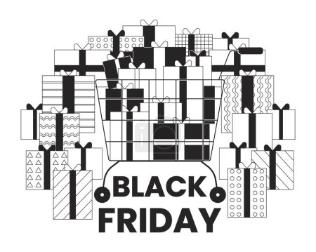 Illustration for Pile of gifts on black friday black and white 2D illustration concept. Full shopping cart with presents cartoon outline object isolated on white. E-commerce buy metaphor monochrome vector art - Royalty Free Image