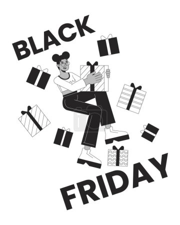 Illustration for Black friday gifts black and white 2D illustration concept. Happy african american shopper holding present cartoon outline character isolated on white. Weekend deals metaphor monochrome vector art - Royalty Free Image