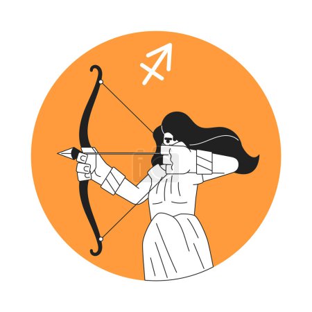 Illustration for Archery monochrome round vector spot illustration. Brave woman holding bow 2D flat bw cartoon character for web UI design. Sagittarius zodiac isolated editable hand drawn hero image - Royalty Free Image