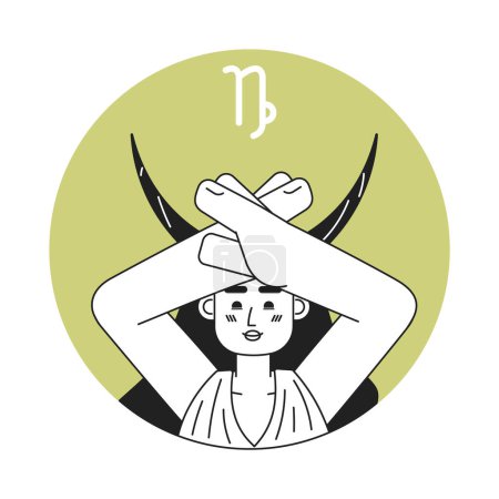 Illustration for Capricorn zodiac sign monochrome round vector spot illustration. Woman raising hands 2D flat bw cartoon character for web UI design. Astrology isolated editable hand drawn hero image - Royalty Free Image