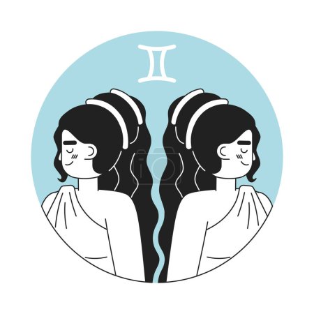 Illustration for Twins woman gemini zodiac monochrome round vector spot illustration. Attractive women 2D flat bw cartoon character for web UI design. Astrology isolated editable hand drawn hero image - Royalty Free Image