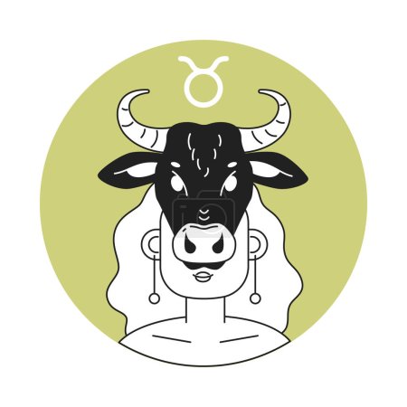 Illustration for Taurus zodiac monochrome round vector spot illustration. Cow skull on woman face 2D flat bw cartoon character for web UI design. Astrology isolated editable hand drawn hero image - Royalty Free Image