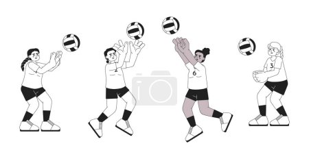Ilustración de Jugadoras de voleibol femenino concepto monocromo vector spot ilustración. Juego en equipo. Golpeando la bola 2D plana bw personajes de dibujos animados para el diseño de interfaz de usuario web. Deporte aislado editable mano dibujado héroe imagen - Imagen libre de derechos