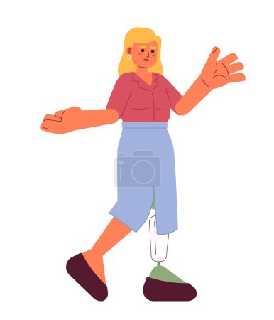Illustration for Caucasian adult woman prosthesis leg gesticulating 2D cartoon character. Disabled female office worker casual isolated vector person white background. Lecturer teacher color flat spot illustration - Royalty Free Image