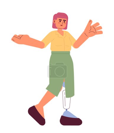 Illustration for Asian young woman with prosthetic leg gesturing 2D cartoon character. Disability female korean office worker posing isolated vector person white background. Casual speaker color flat spot illustration - Royalty Free Image