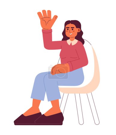 Illustration for Middle eastern young woman raising hand up 2D cartoon character. Smiling female seminar webinar participant isolated vector person white background. Lecture listener girl color flat spot illustration - Royalty Free Image
