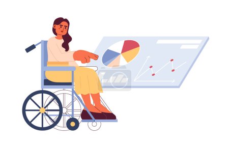 Illustration for Wheelchair woman touching virtual screen 2D cartoon character. Indian young adult lady studying data dashboard isolated vector person white background. Analyst female color flat spot illustration - Royalty Free Image