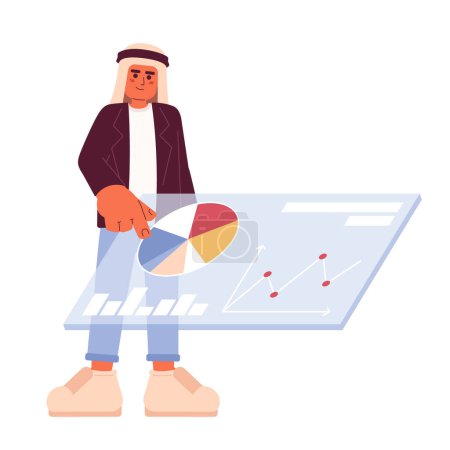 Illustration for Saudi man touching marketing analytics dashboard 2D cartoon character. Young adult saudi male gathering data isolated vector person white background. Market study color flat spot illustration - Royalty Free Image