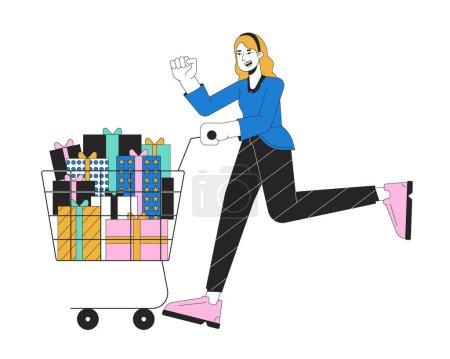 Illustration for Excited woman pushing shopping cart 2D linear cartoon character. Black friday girl isolated line vector person white background. Holding shopping trolley pile presents color flat spot illustration - Royalty Free Image