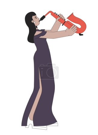 Illustration for Saxophone girl in recital dress line cartoon flat illustration. Indian woman saxophonist 2D lineart character isolated on white background. Performer plays woodwind instrument scene vector color image - Royalty Free Image