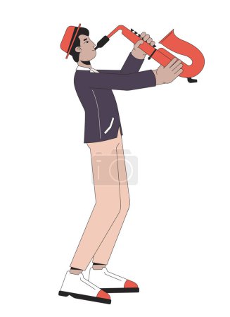 Illustration for Jazz saxophone player line cartoon flat illustration. Indian adult man playing musical instrument 2D lineart character isolated on white background. Saxophonist musician scene vector color image - Royalty Free Image