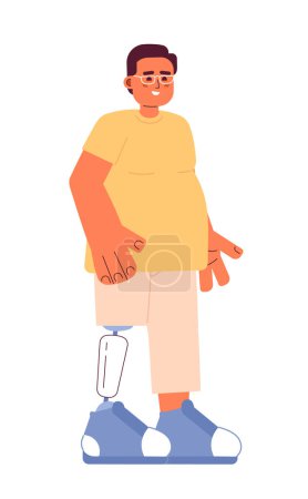 Illustration for Overweight man with prosthetic leg 2D cartoon character. Happy eyeglasses man with artificial leg isolated vector person white background. Disabled adult guy standing color flat spot illustration - Royalty Free Image