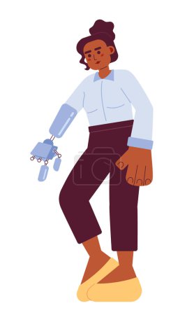 Illustration for African american woman with prosthetic arm pointing finger 2D cartoon character. Black female prosthesis hand isolated vector person white background. Office worker color flat spot illustration - Royalty Free Image