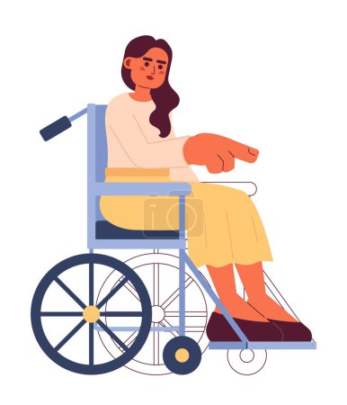 Illustration for Wheelchair young woman pointing with finger 2D cartoon character. Indian young adult female with disability isolated vector person white background. Mobility paraplegic color flat spot illustration - Royalty Free Image