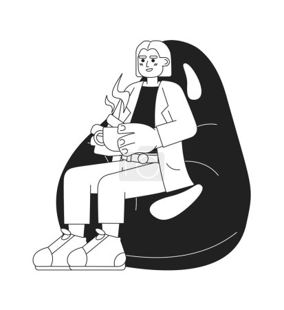 Illustration for Bean bag woman holding coffee cup black and white 2D cartoon character. Middle eastern girl sitting on beanbag isolated vector outline person. Drinking tea break monochromatic flat spot illustration - Royalty Free Image
