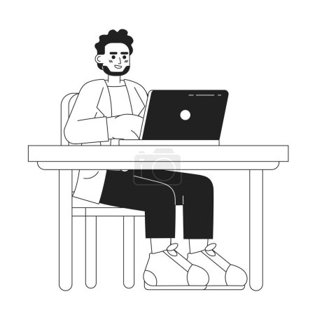 Illustration for Beard indian adult man working on laptop office black and white 2D cartoon character. South asian bearded male sitting at desk isolated vector outline person. Monochromatic flat spot illustration - Royalty Free Image