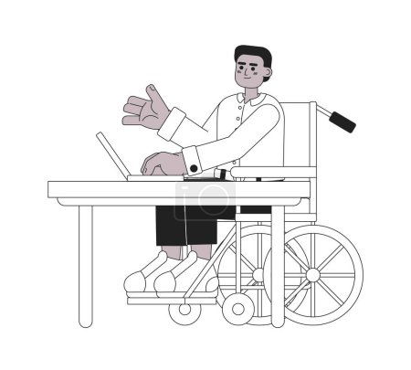 Illustration for Wheelchair young man remote student black and white 2D cartoon character. African american male laptop isolated vector outline person. Disabled guy notebook monochromatic flat spot illustration - Royalty Free Image