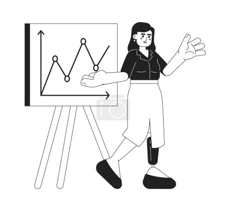 Illustration for Prosthesis leg woman with presentation whiteboard black and white 2D cartoon character. Disabled female office worker showing chart isolated vector outline person. Monochromatic flat spot illustration - Royalty Free Image