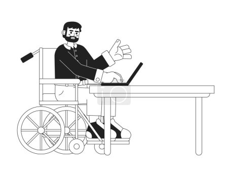 Téléchargez les illustrations : Barbu caucasien homme en fauteuil roulant sur ordinateur portable noir et blanc personnage de dessin animé 2D. Barbe handicapée gars travail portable isolé vecteur contour personne. Travail à distance illustration monochromatique spot plat - en licence libre de droit