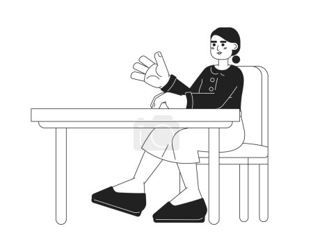 Téléchargez les illustrations : Latina fille assise au bureau noir et blanc personnage de dessin animé 2D. Étudiante universitaire hispanique femme gestuelle isolée contour vectoriel personne. Écolière à table monochromatique illustration de tache plate - en licence libre de droit