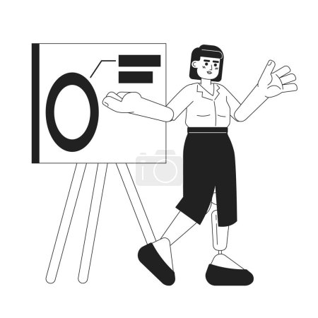 Illustration for Prosthetic leg asian woman presenting diagram whiteboard black and white 2D cartoon character. Female business owner isolated vector outline person. Startup office monochromatic flat spot illustration - Royalty Free Image