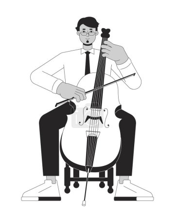Illustration for Cello musician black and white cartoon flat illustration. Middle eastern adult man with musical violoncello 2D lineart character isolated. Violoncellist symphony monochrome scene vector outline image - Royalty Free Image
