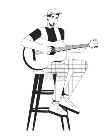Illustration for Acoustic guitarist plucking strings black and white cartoon flat illustration. Caucasian man sitting on bar stool 2D lineart character isolated. Music festival monochrome scene vector outline image - Royalty Free Image