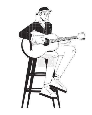 Illustration for Female guitarist playing country music black and white cartoon flat illustration. European woman country singer 2D lineart character isolated. Music performer monochrome scene vector outline image - Royalty Free Image