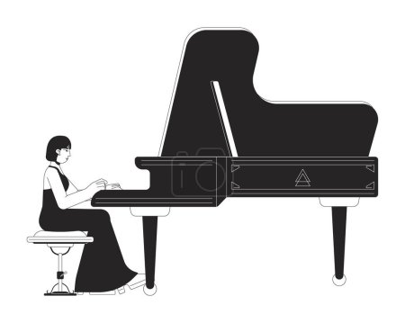 Illustration for Grand piano player female black and white cartoon flat illustration. Asian adult woman pianist in recital dress 2D lineart character isolated. Classical musician monochrome scene vector outline image - Royalty Free Image