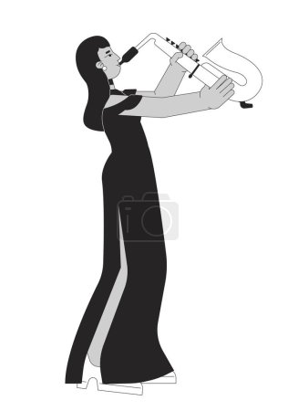 Téléchargez les illustrations : Saxophone fille en robe de récital noir et blanc dessin animé plat illustration. Dame indienne saxophoniste 2D caractère linéaire isolé. Interprète instrument à vent monochrome scène vectoriel contour image - en licence libre de droit