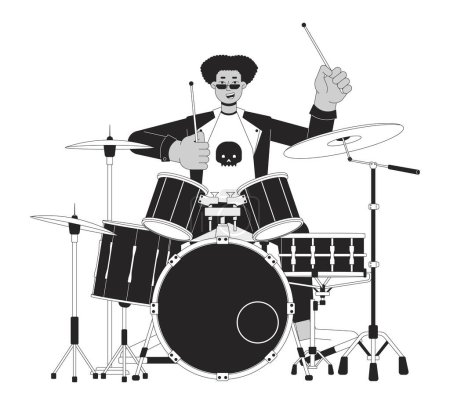 Illustration for Drummer rock and roll black and white cartoon flat illustration. Hispanic young adult man in punk rock 2D lineart character isolated. Rockstar male beats drumming monochrome scene vector outline image - Royalty Free Image