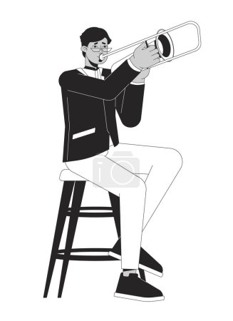 Illustration for Jazz trumpet player black and white cartoon flat illustration. Arab adult man trompette musicien 2D lineart character isolated. Male orchestra musician trumpet monochrome scene vector outline image - Royalty Free Image