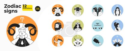 Signos del zodíaco monocromo redondo vector spot ilustraciones paquete. Horóscopo mujer símbolos 2D plana bw personajes de dibujos animados para el diseño de interfaz de usuario web. Astrología aislada editable mano dibujado héroe imágenes colección